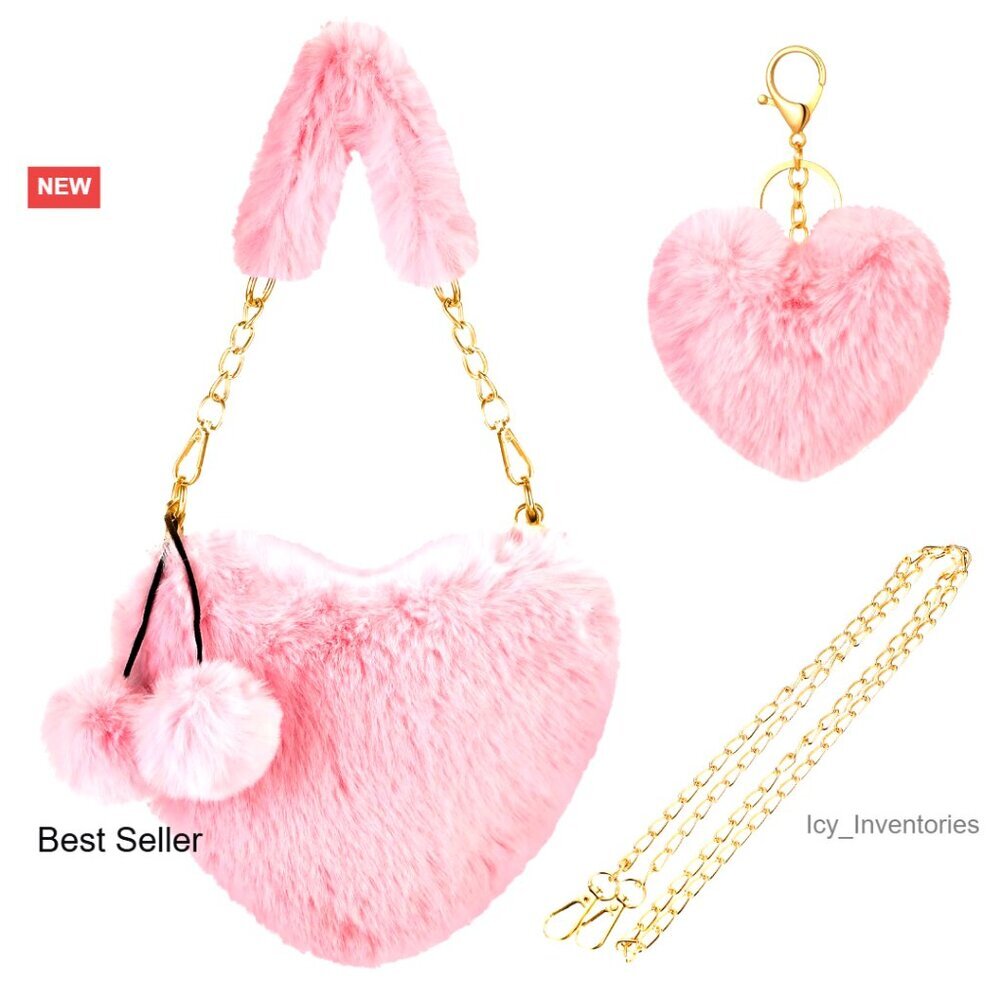 Faux Fur Heart Shaped Shoulder Bag Crossbody Handbag with Removable Chain